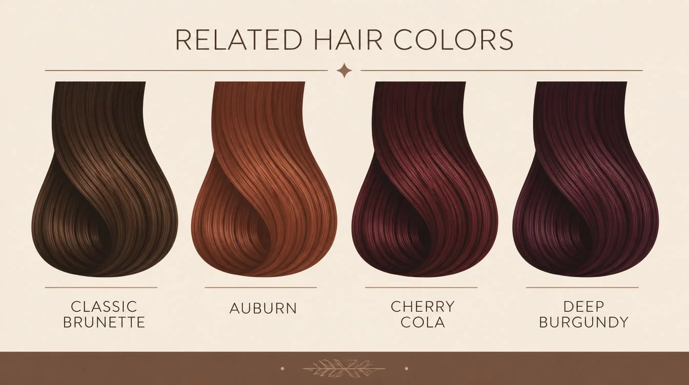 Flat editorial infographic showing four hair color swatches side by side, brunette, auburn, cherry cola, and burgundy, on a cream and warm-brown palette