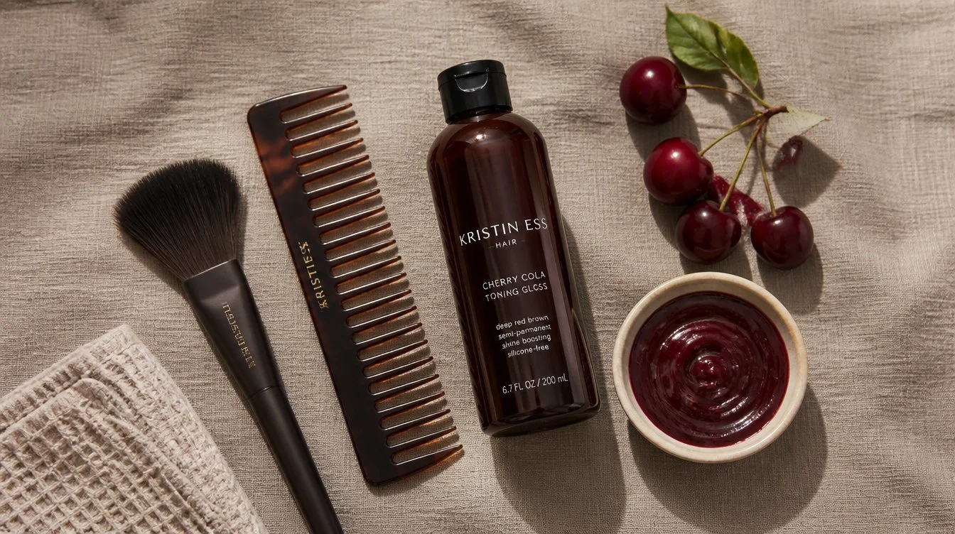 Overhead flat-lay of cherry cola toning essentials on warm taupe linen, including a red-brown gloss bottle, wide-tooth comb, applicator brush, color cream, and glossy cherries