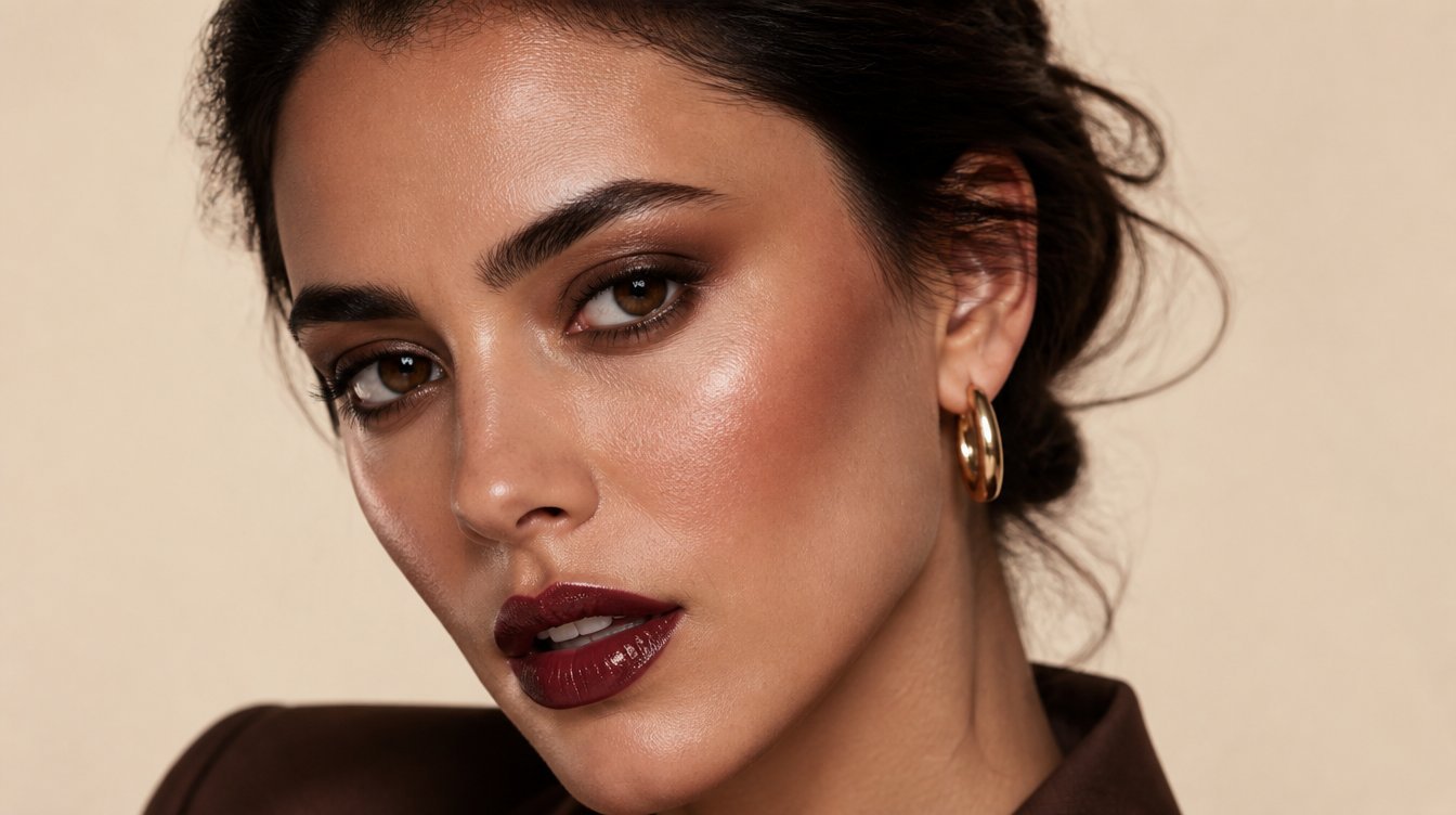 Editorial close-up portrait of a woman in her late 20s wearing espresso makeup with chocolate smoky eye, cocoa blush, and cherry-cola lip on dewy warm skin