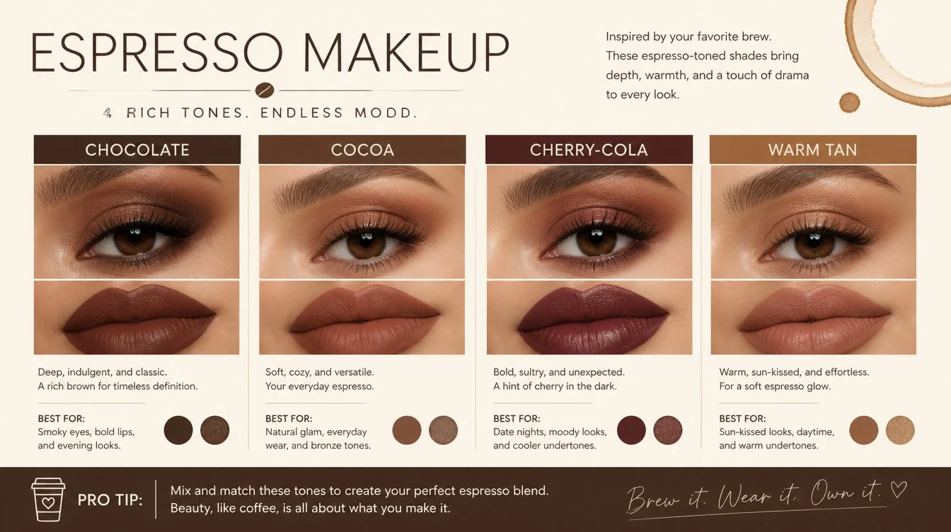 Editorial infographic showing four swatches of espresso makeup tones, chocolate, cocoa, cherry-cola, and warm tan, labeled with thin sans-serif text on a muted cream backdrop