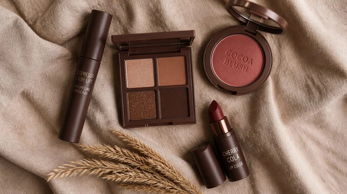 Overhead flat-lay of espresso makeup essentials, brown mascara, chocolate eyeshadow palette, cocoa blush compact, cherry-cola lipstick, and a sprig of dried wheat on a warm taupe linen backdrop
