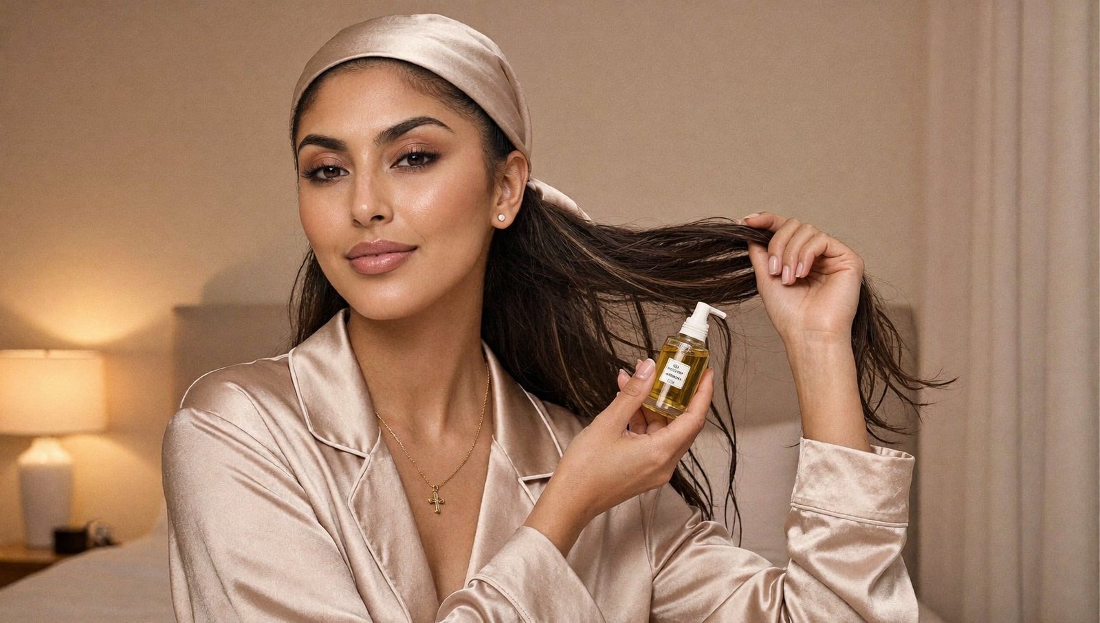 Young woman in a soft champagne-pink satin sleep cap applying hair oil to the ends of her long hair at a warmly lit bedside table
