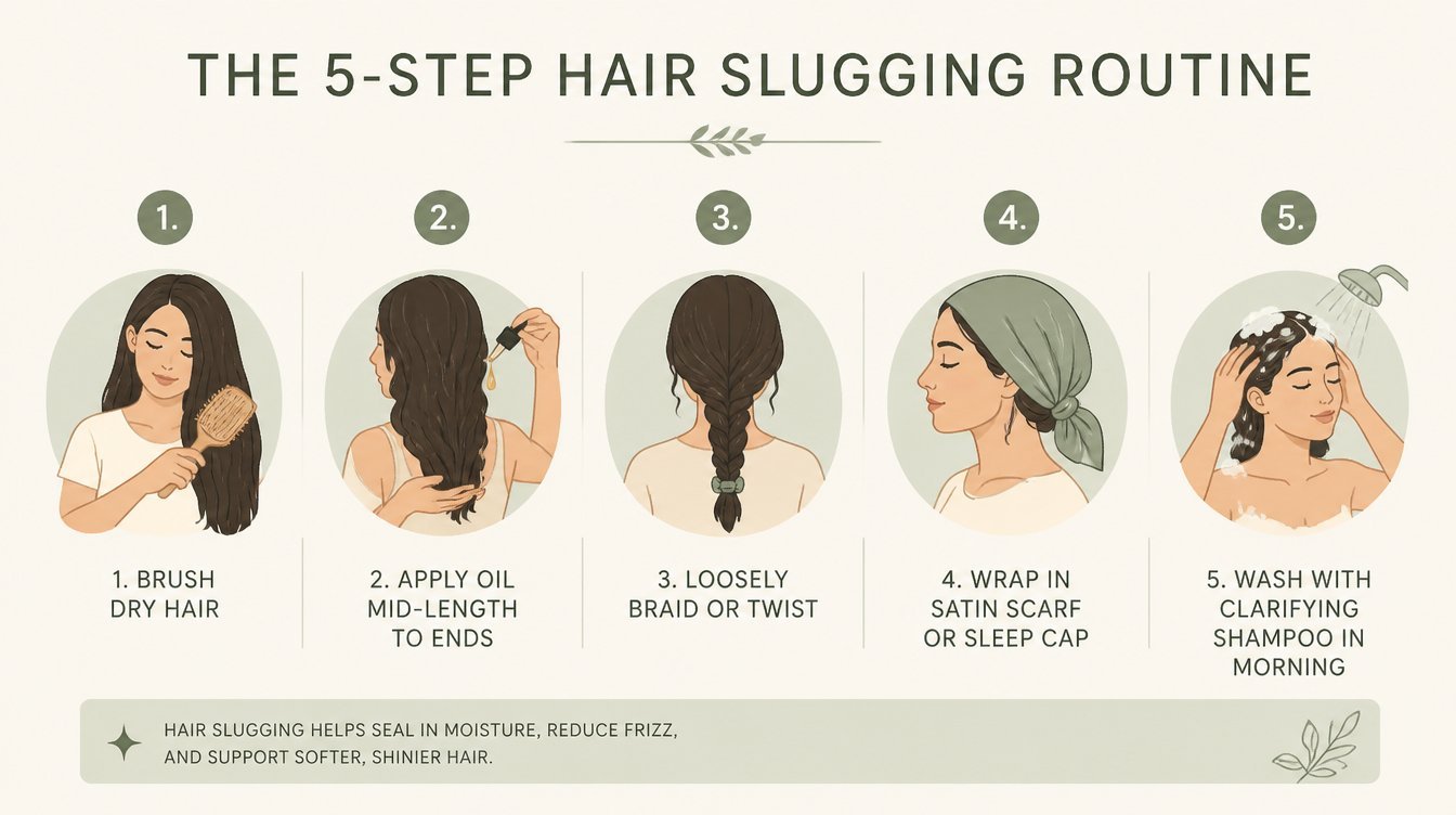 Flat editorial infographic showing the 5-step hair slugging routine with numbered illustrated icons on a cream and sage background
