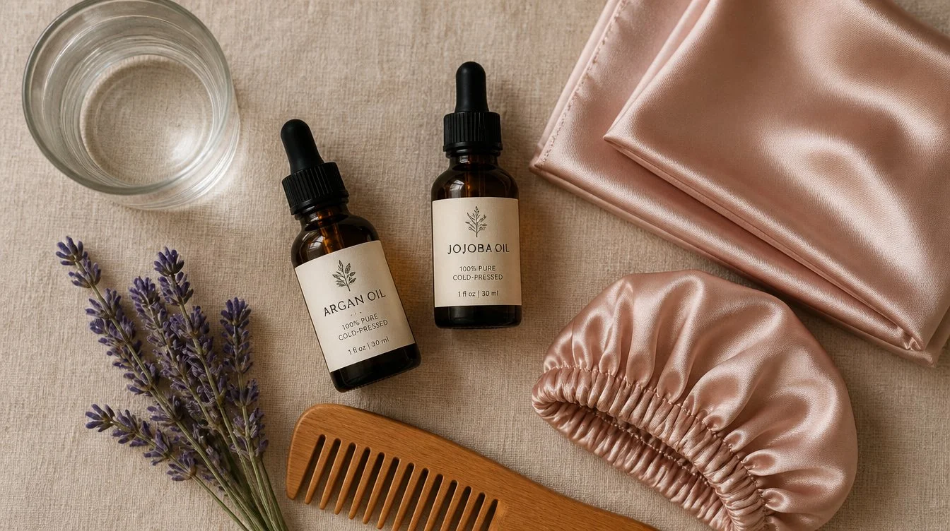 Overhead flat-lay of hair slugging essentials including amber dropper bottles of argan and jojoba oil, a wooden comb, a folded champagne satin scarf, a satin sleep cap, a glass of water, and a sprig of lavender on warm beige linen