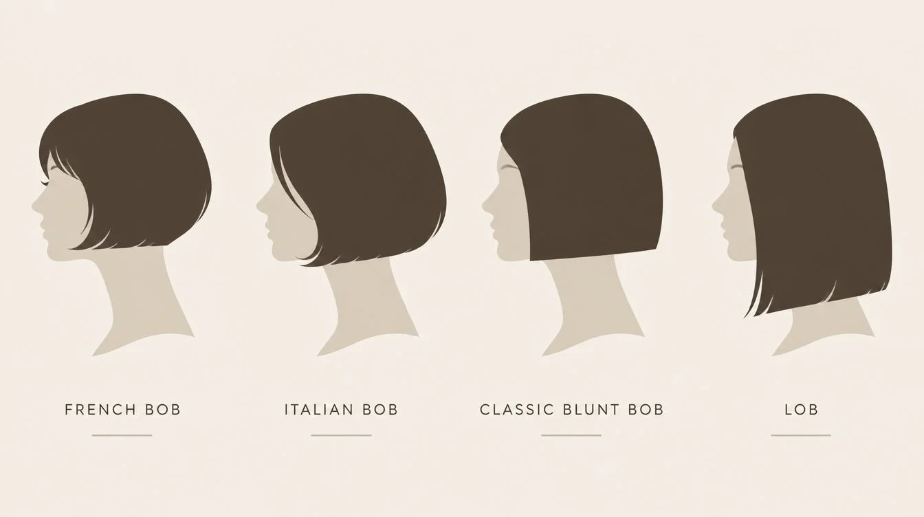 Flat editorial infographic comparing four bob silhouettes side by side, french bob, italian bob, classic blunt bob, and lob, with the cut shape highlighted in dark brown on muted cream and putty backdrop