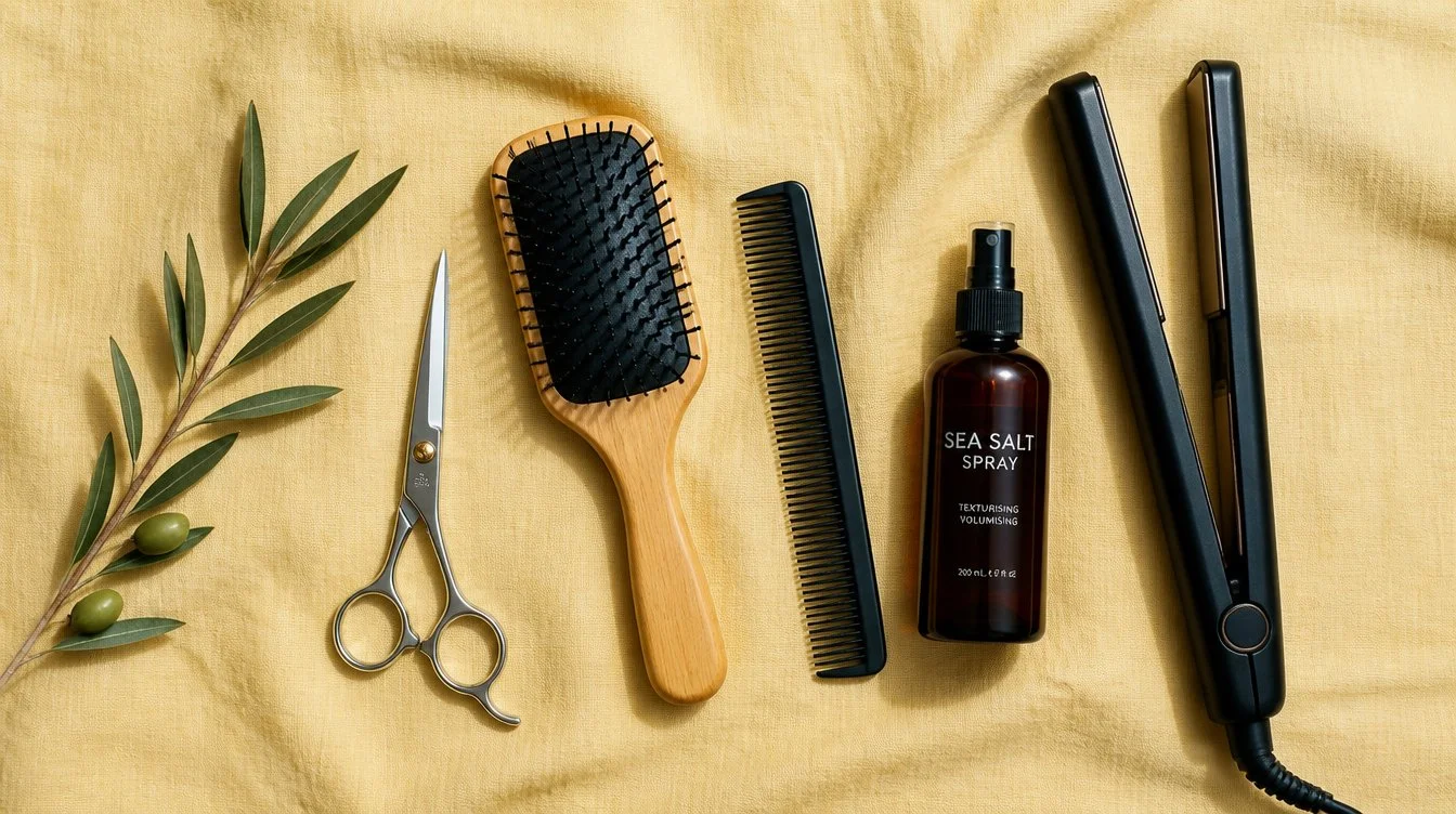Overhead flat-lay of styling tools for an italian bob, sharp shears, flat paddle brush, fine-tooth comb, sea-salt texturising spray, flat iron, and a sprig of olive branch on a butter-yellow linen backdrop