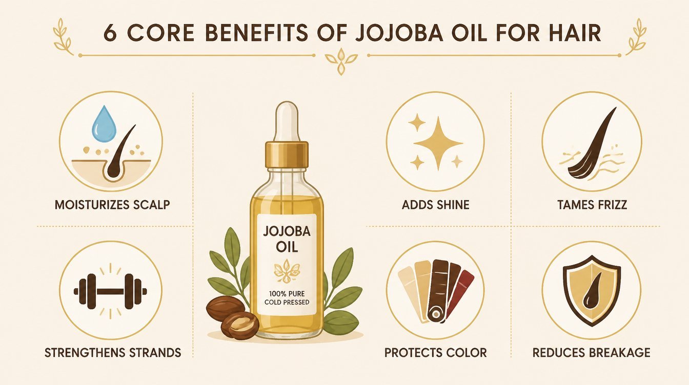 Editorial infographic showing six core benefits of jojoba oil for hair as labeled icons including moisturizes scalp, adds shine, tames frizz, strengthens strands, protects color, and reduces breakage in a cream and warm-gold palette