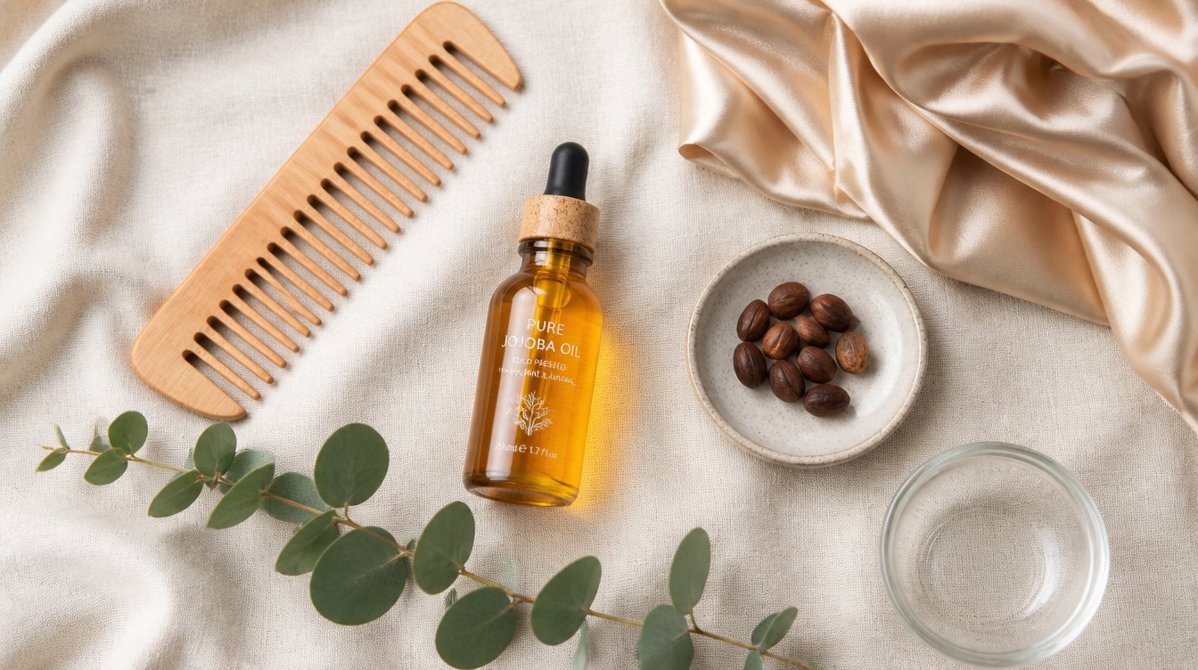 Overhead flat-lay of pure jojoba oil hair care essentials, an amber dropper bottle of golden jojoba oil, a wide-tooth wooden comb, a folded champagne satin scarf, raw jojoba seeds, an empty glass bowl, and a sprig of eucalyptus on warm cream linen
