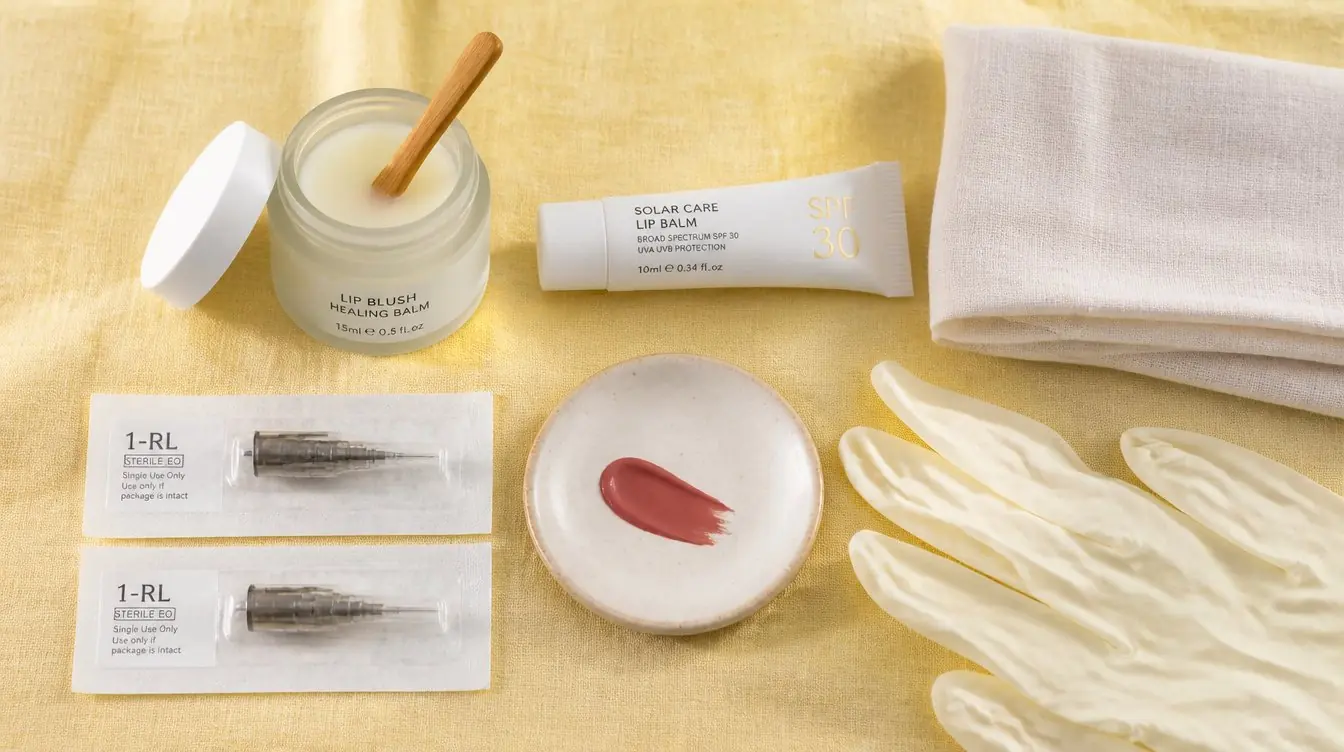 Overhead flat-lay of a lip blush tattoo aftercare kit on butter yellow linen with healing balm, spf lip balm, single-use needle cartridges, muslin cloth, and a dusty rose pigment swatch