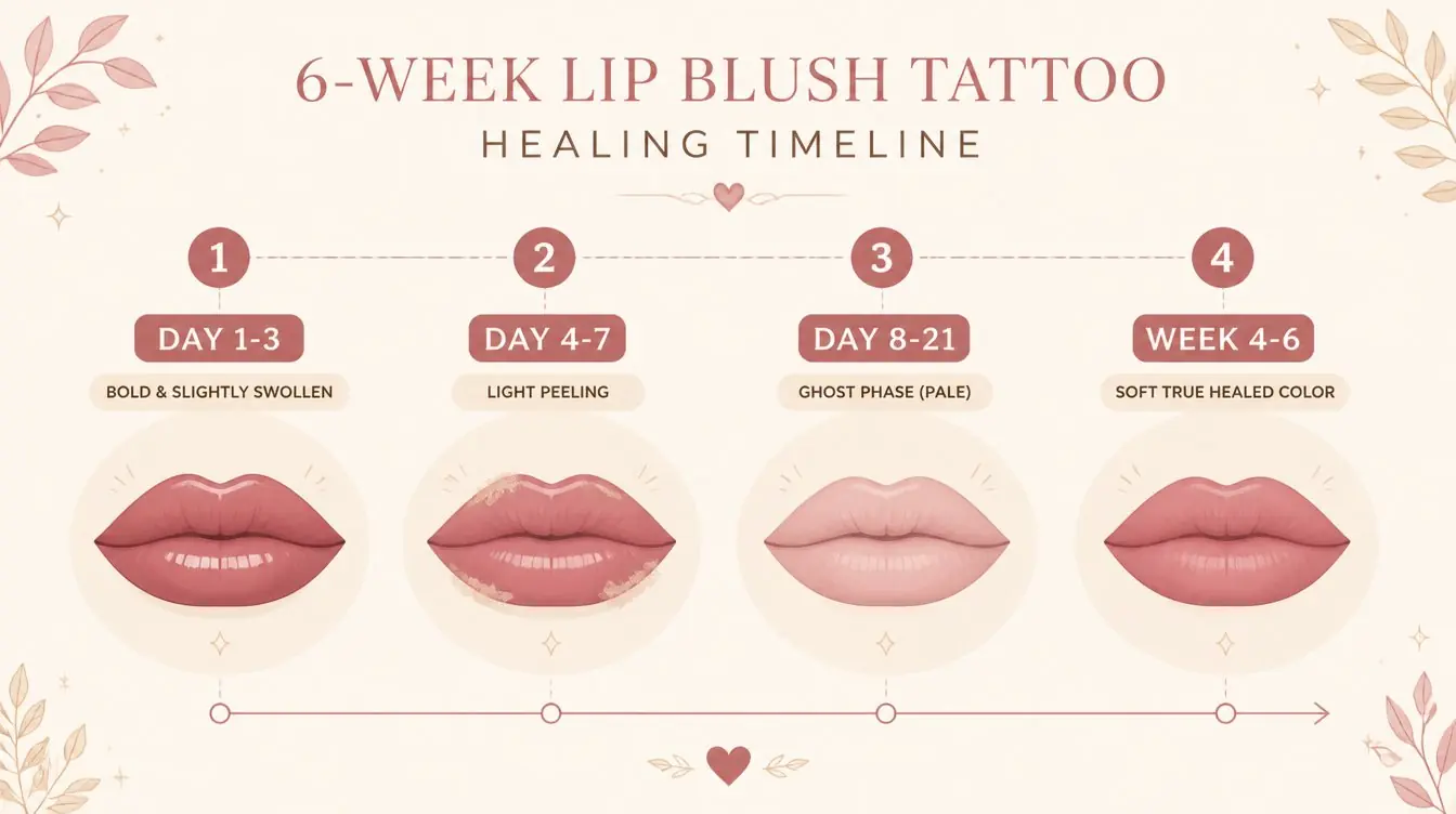 Illustrated infographic showing the six week lip blush tattoo healing timeline from day one bold color through peeling, the ghost phase, and the final soft healed result