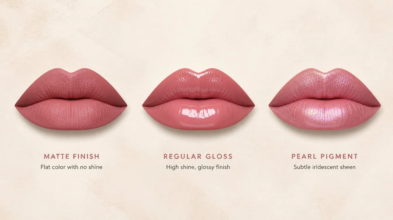 Side-by-side illustration comparing matte regular gloss and pearl pigment finishes on three identical lip silhouettes