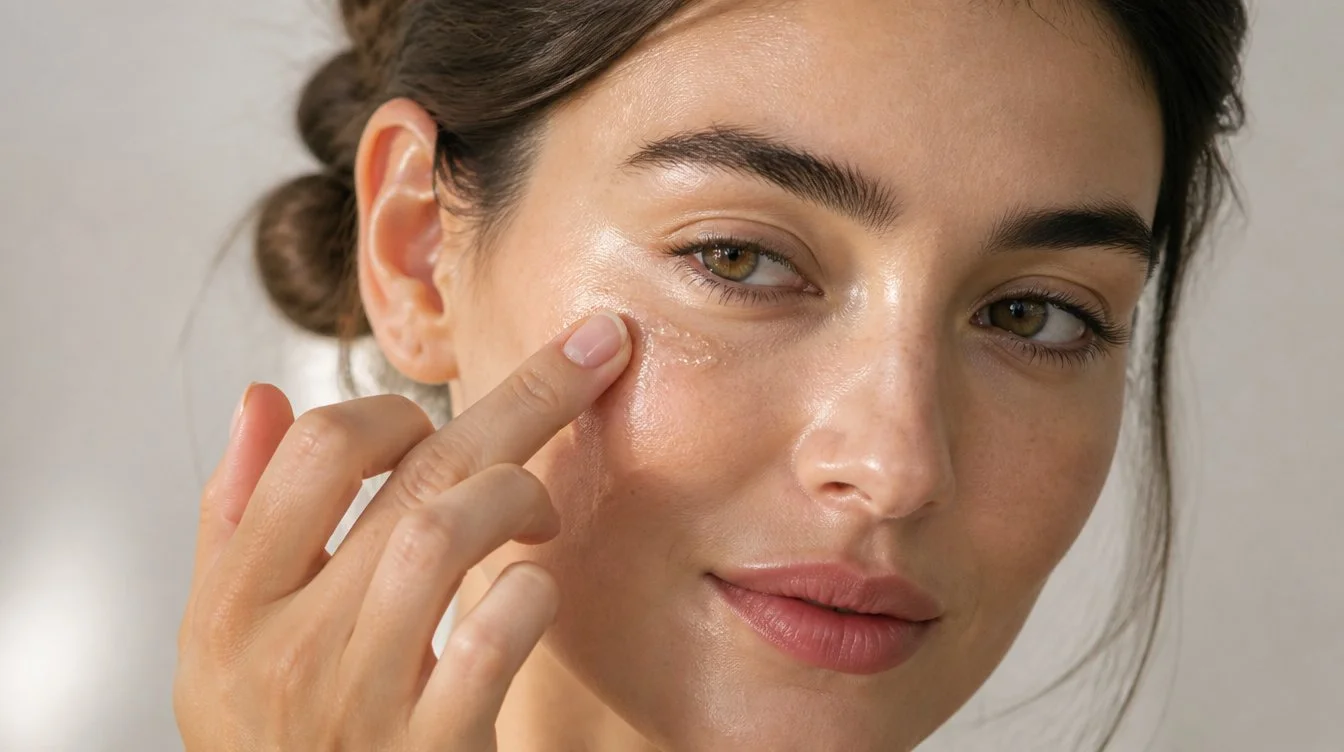 Woman in her late twenties gently pressing a clear exfoliating serum under her eye with a clean fingertip, dewy skin, cream studio backdrop