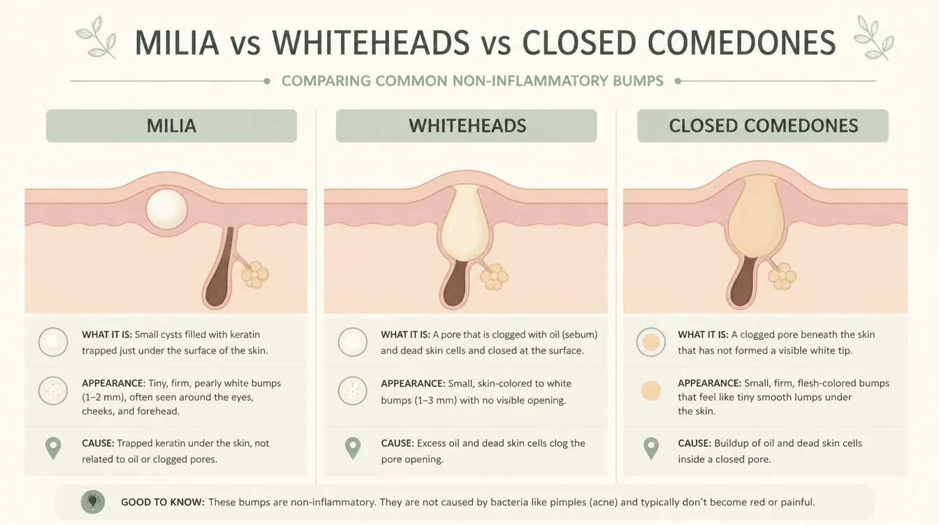 Flat editorial infographic comparing milia, whiteheads, and closed comedones as small cross-section bumps with thin sans-serif labels in muted cream and sage tones