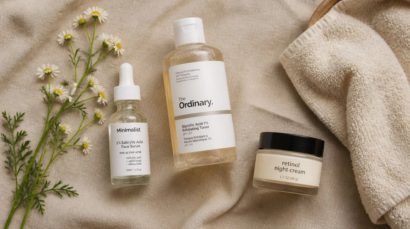 Overhead flat-lay of a salicylic acid serum dropper, glycolic acid toner, a small jar of retinol cream, a washcloth, and a sprig of chamomile on a warm beige linen backdrop
