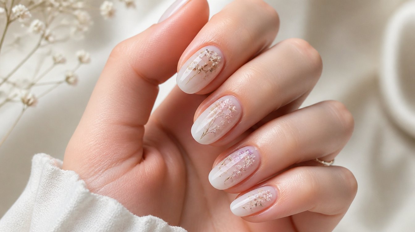 Close-up of a manicured hand with milky-white sheer milk bath nails featuring tiny dried florals beneath a glossy top coat, soft natural daylight on a cream backdrop