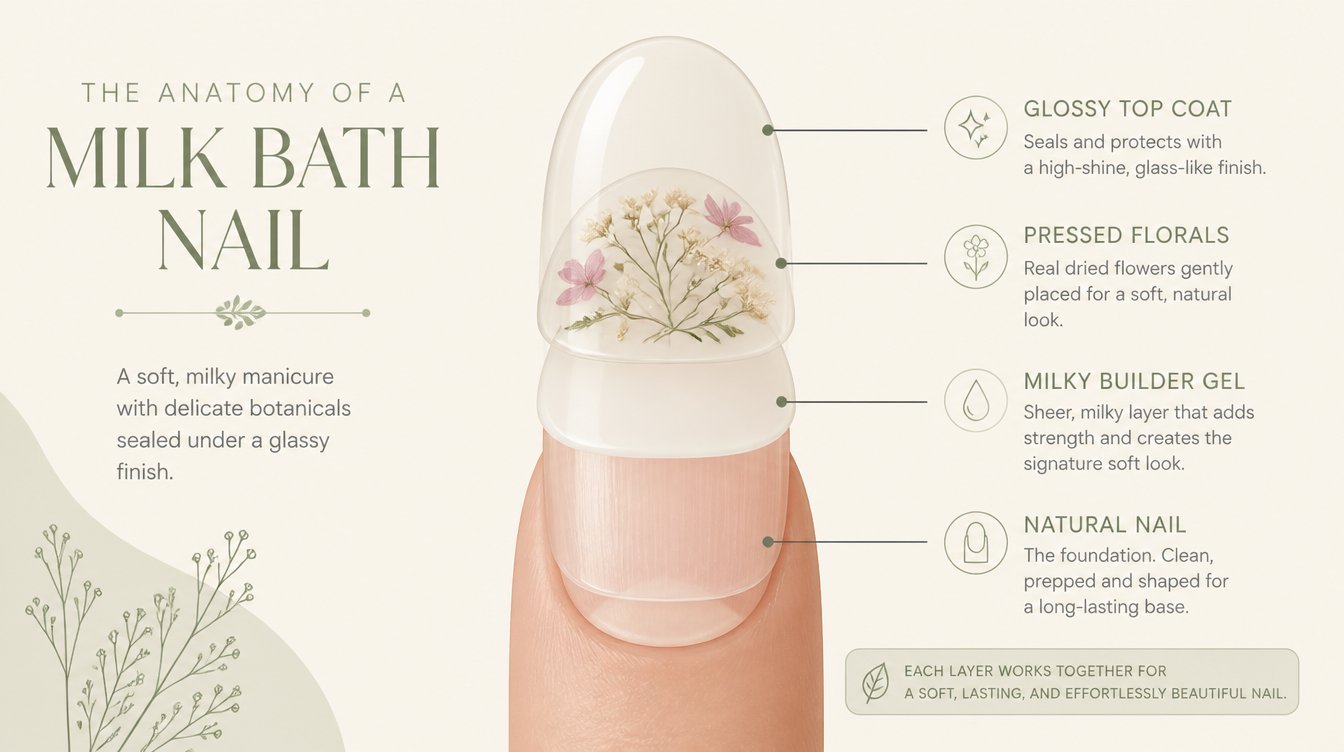 Flat editorial infographic showing a cross-section diagram of the milk bath nail layers including natural nail, milky builder gel, pressed florals, and glossy top coat with thin sans-serif labels in a muted cream and sage palette