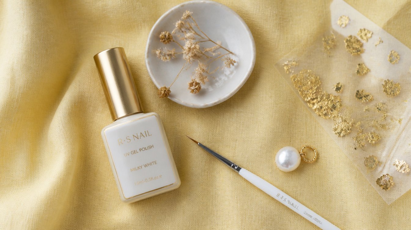 Photoreal overhead flat-lay of a milky gel polish bottle, dried micro flowers in a tiny dish, a fine-tip nail brush, gold flake transfer paper, and a pearl charm on a butter-yellow linen backdrop