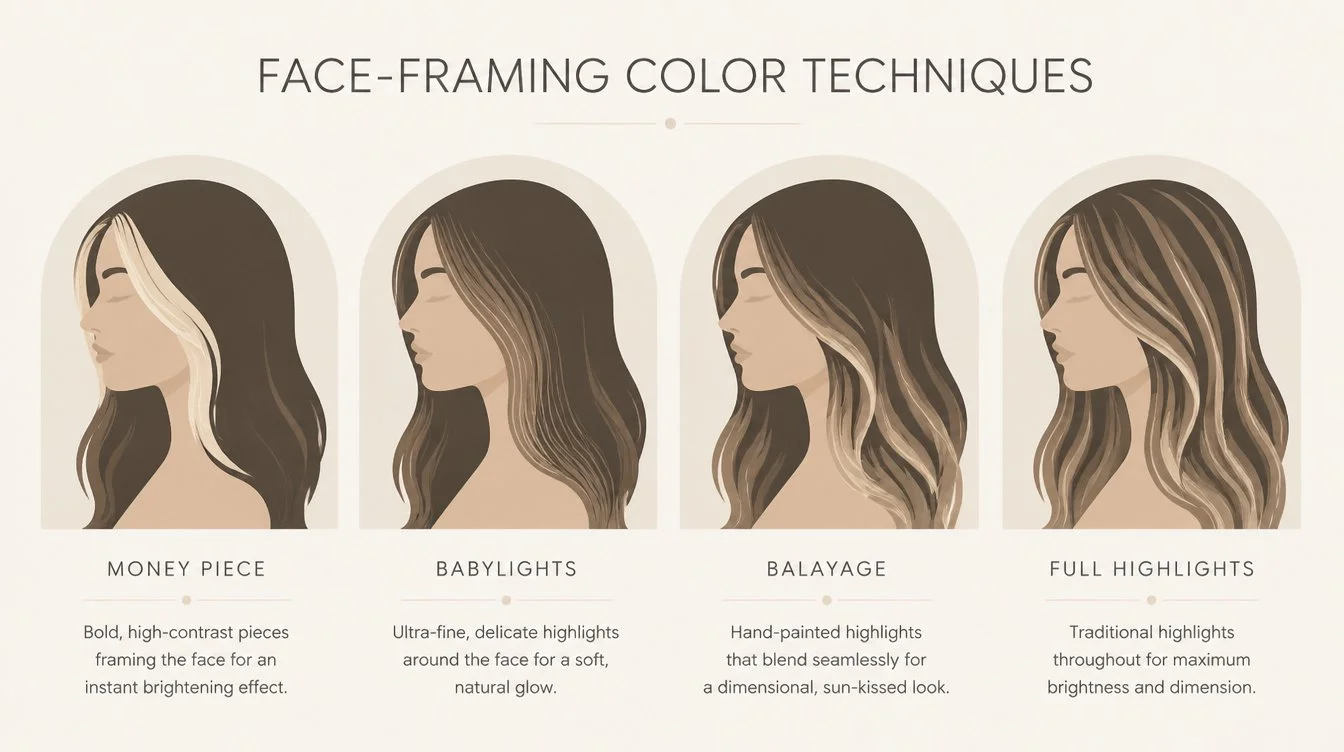 Flat editorial infographic comparing money piece highlights, babylights, balayage, and full highlights as four simplified head silhouettes with highlight placement marked in light tones on a muted cream background