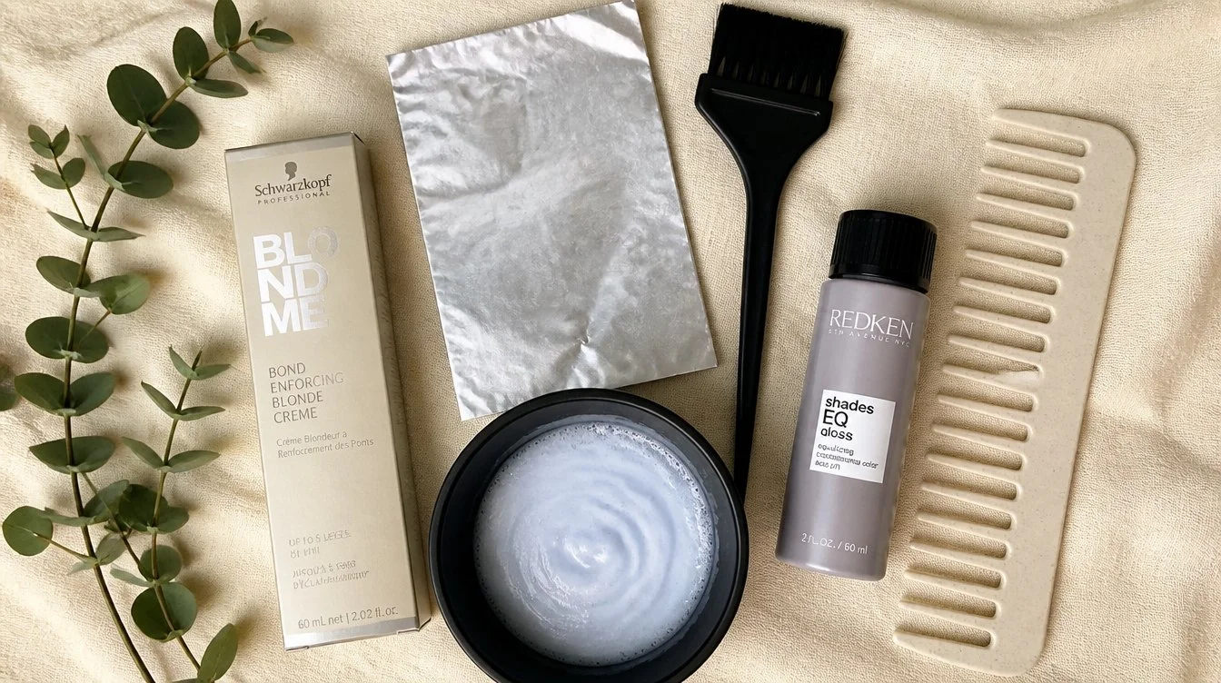 Overhead flat-lay of money piece highlight tools, foil pack, tinting brush, bowl of bleach with developer, toning gloss bottle, wide-tooth comb, and a sprig of eucalyptus on a warm cream linen backdrop