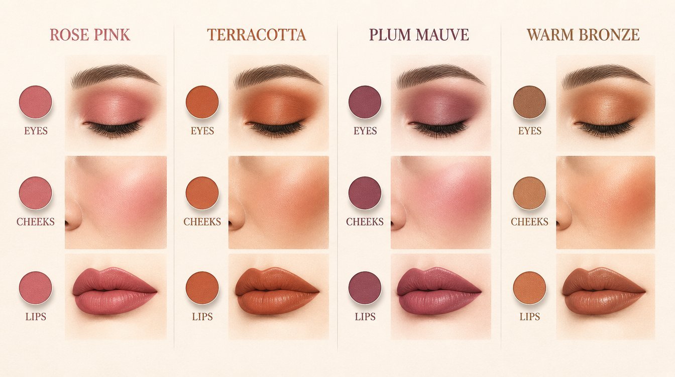 Editorial diagram showing four monochromatic color stories rose terracotta plum and bronze with swatch dots for eyes cheeks and lips