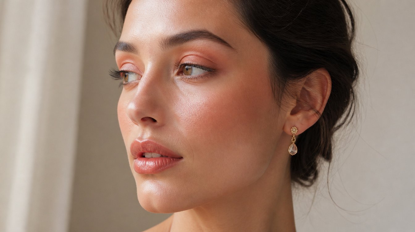 Editorial portrait of a woman wearing monochromatic makeup in soft warm coral tones across eyes cheeks and lips