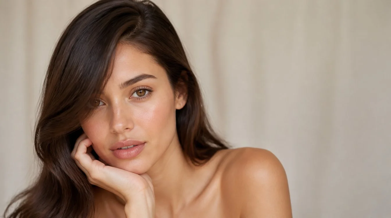 Editorial close-up of a model wearing a soft off-centre hair part with brunette hair swept across the brow
