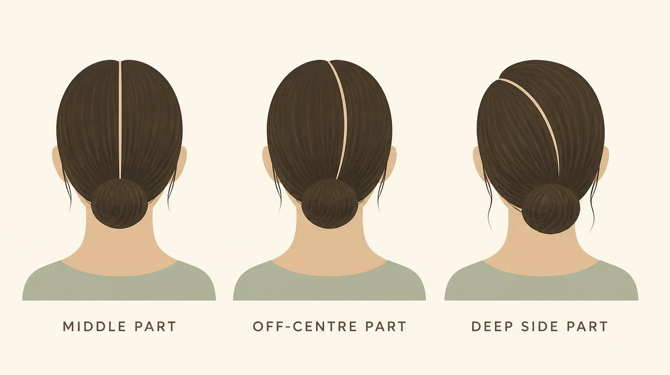 Comparison illustration showing middle part, off-centre part, and deep side part placements on three head silhouettes