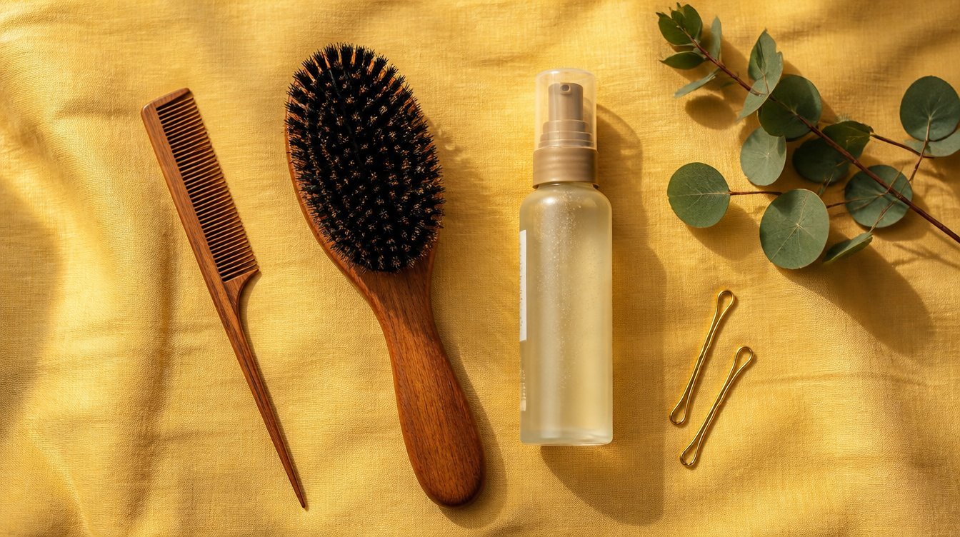 Overhead flat-lay of styling tools for an off-centre side part including tail comb, paddle brush, mousse, and gold bobby pins