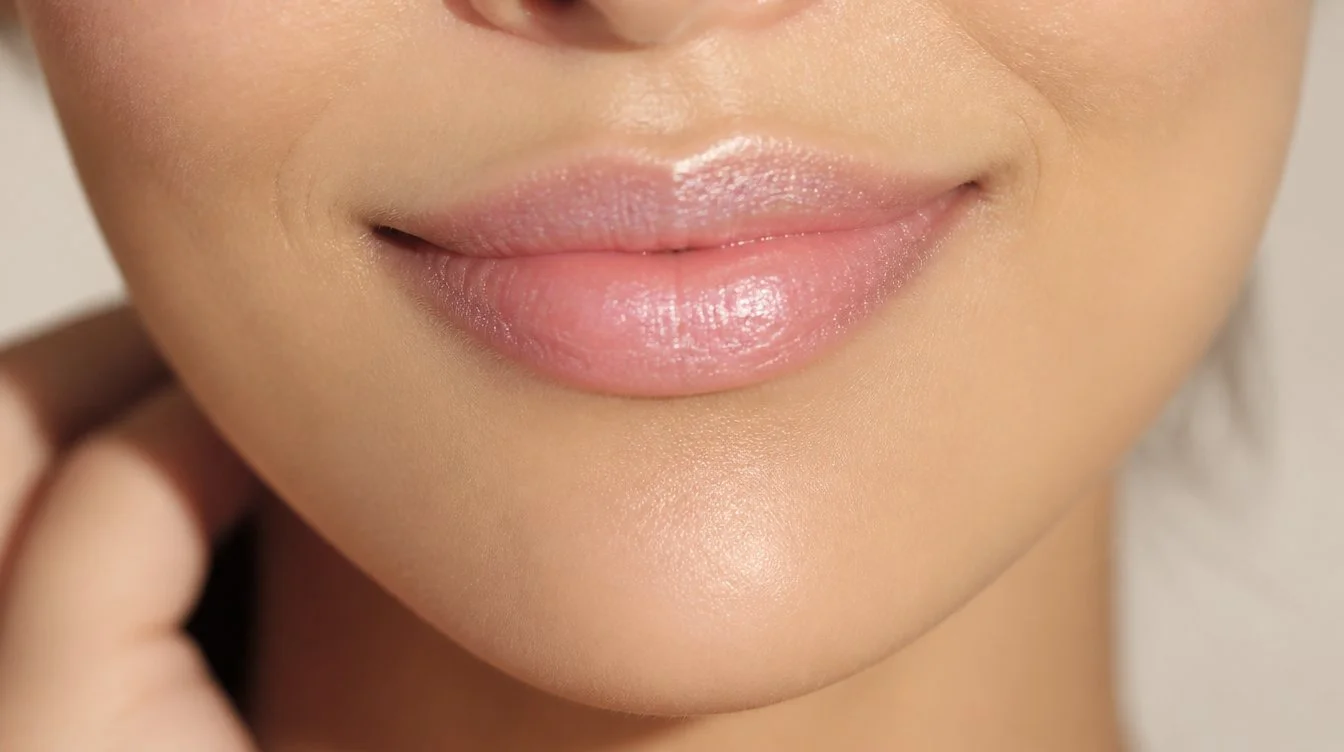 Editorial close-up of a woman's smile wearing pearl pigment lip balm with a soft pinkish-pearl sheen