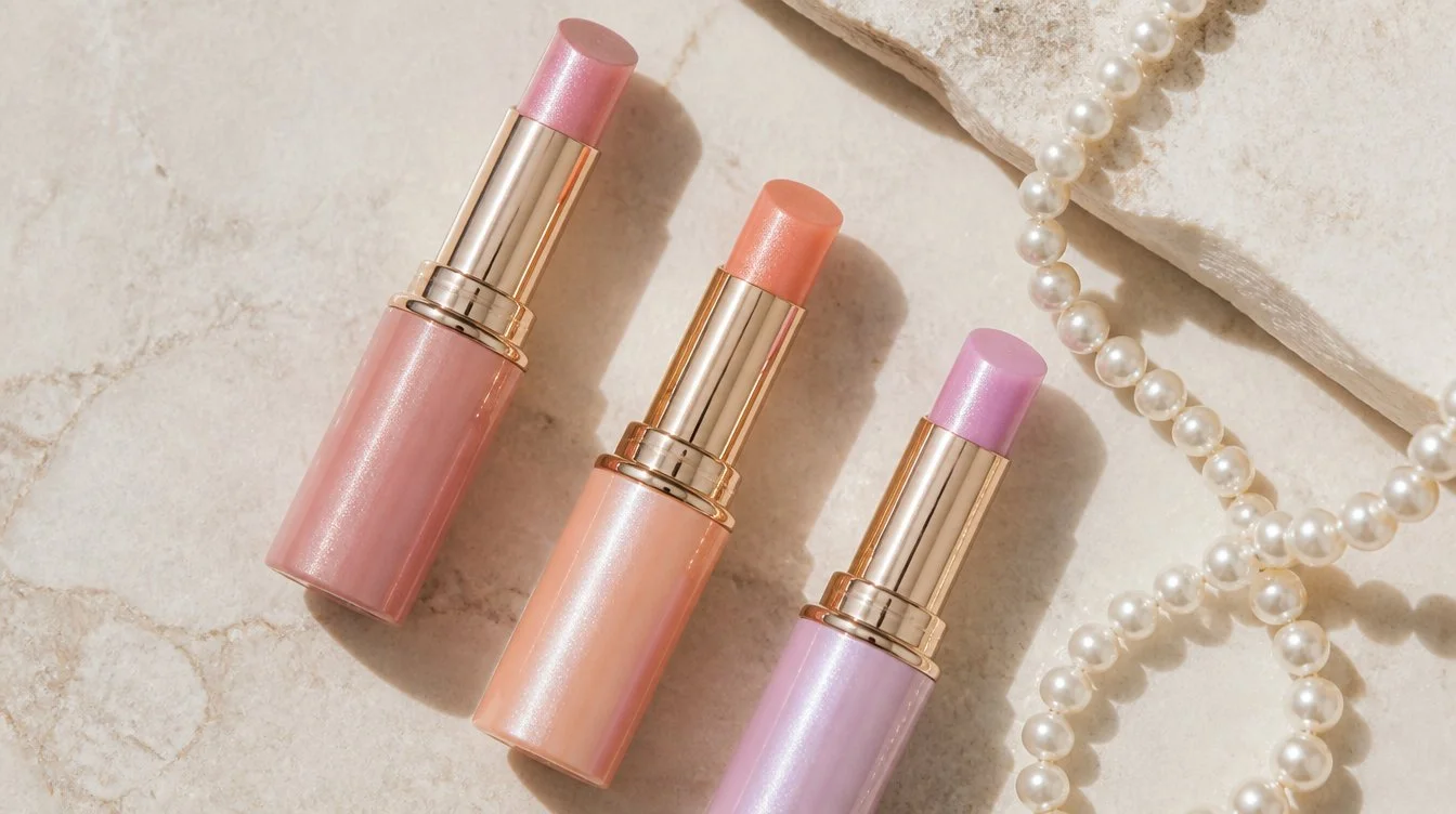 Top-down flat lay of three pearl pigment lip balm tubes in pearlescent pink peachy pearl and lavender pearl shades next to a strand of pearls