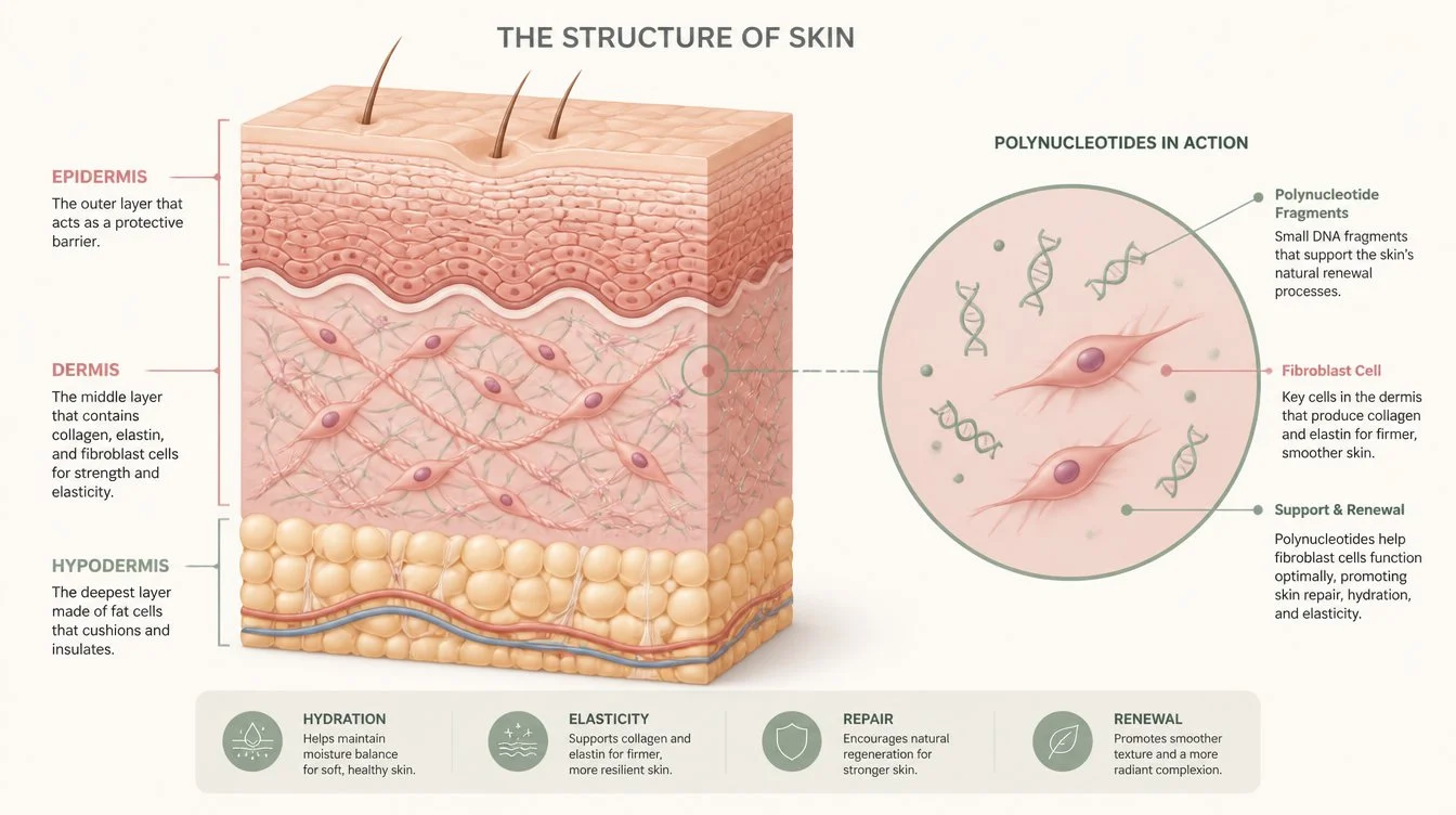 Cross-section illustration of skin layers showing where polynucleotides act on fibroblasts