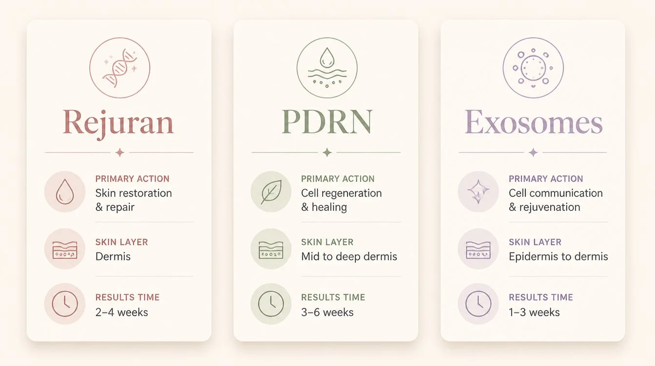 Comparison infographic of Rejuran versus PDRN versus Exosomes treatments