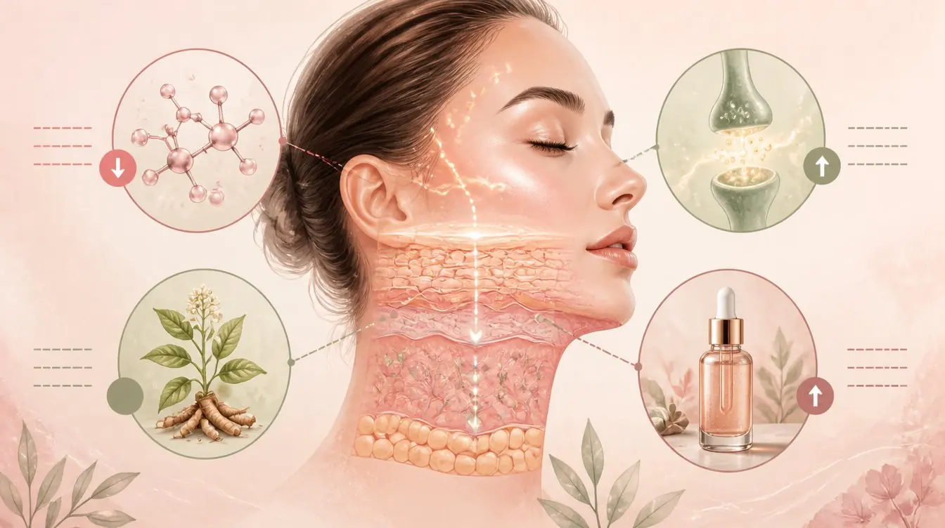 Illustrated infographic showing the brain-skin axis with cortisol down arrow, calming neurotransmitter up arrow, adaptogen botanicals, and a topical serum bottle around a stylised face profile