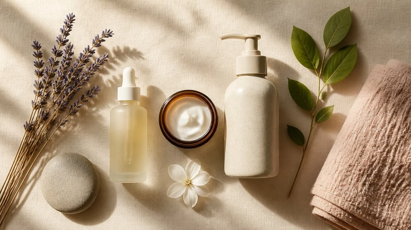 Overhead flat-lay of a serotonin skincare ritual with a frosted glass dropper bottle, amber jar, stoneware pump bottle, dried lavender, ashwagandha sprig, and folded linen washcloth on cream linen