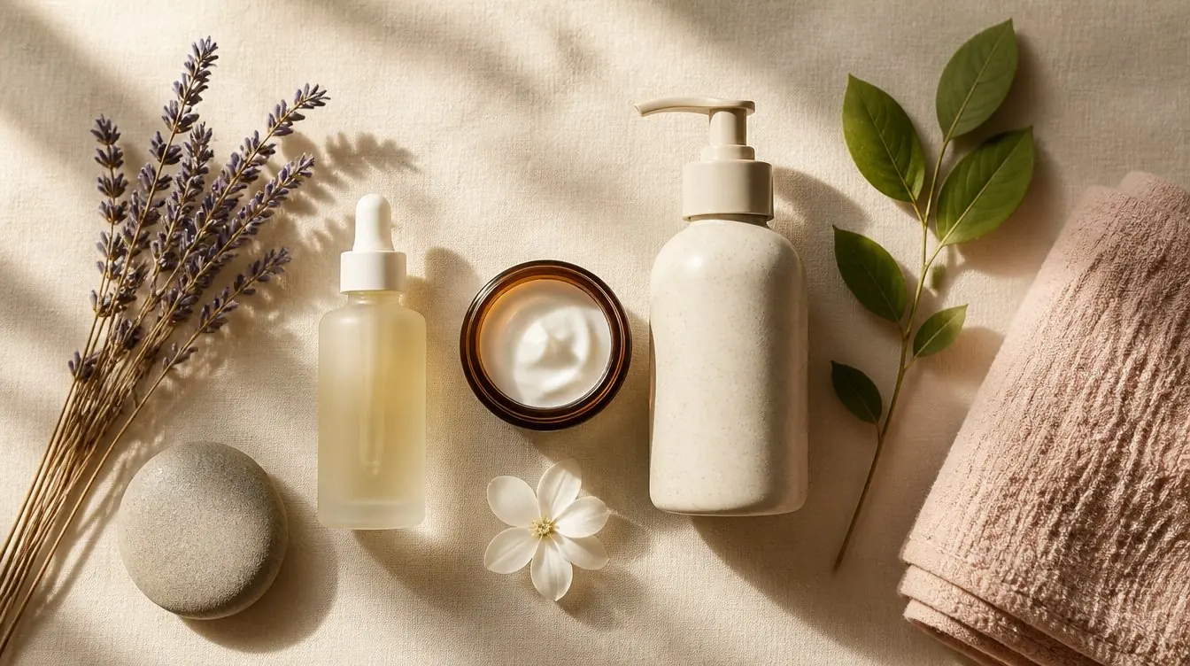 Overhead flat-lay of a serotonin skincare ritual with a frosted glass dropper bottle, amber jar, stoneware pump bottle, dried lavender, ashwagandha sprig, and folded linen washcloth on cream linen