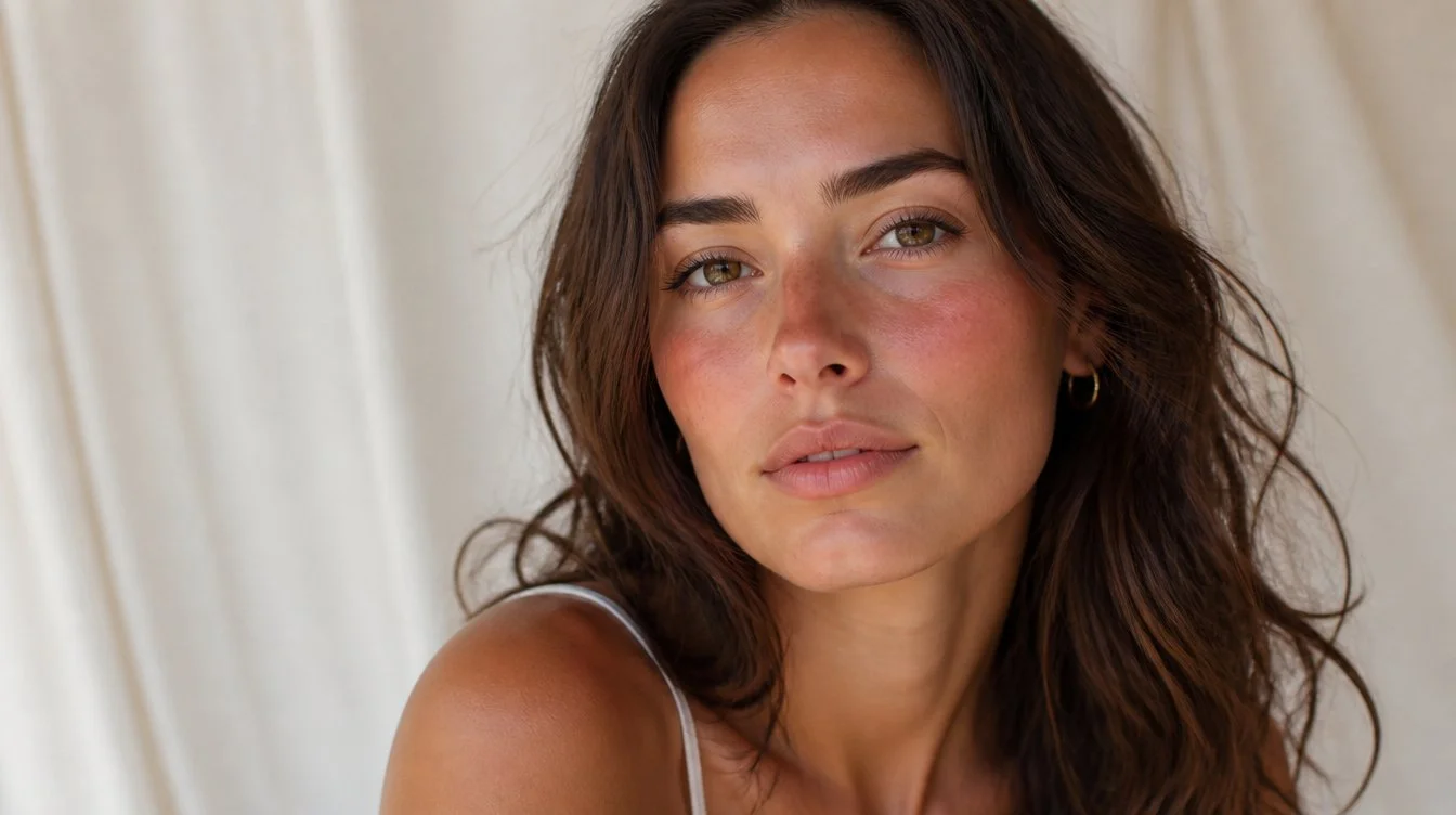 Late-twenties woman wearing sunburn blush with warm coral flush sweeping across cheeks and nose bridge, dewy minimal makeup and sun-touched glow on cream backdrop