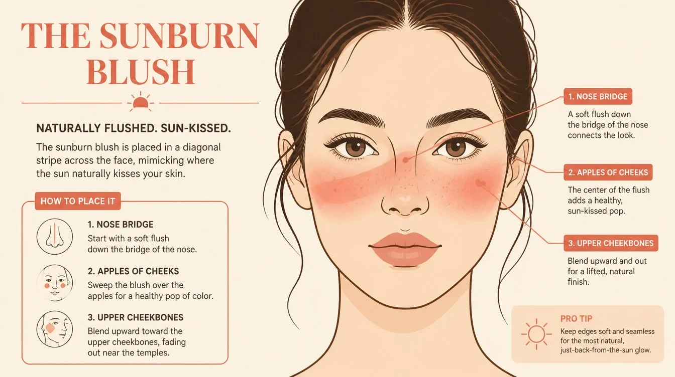Editorial infographic face diagram showing the sunburn blush diagonal stripe in coral with thin labels pointing to nose bridge, apples of cheeks, and upper cheekbones on a muted cream background