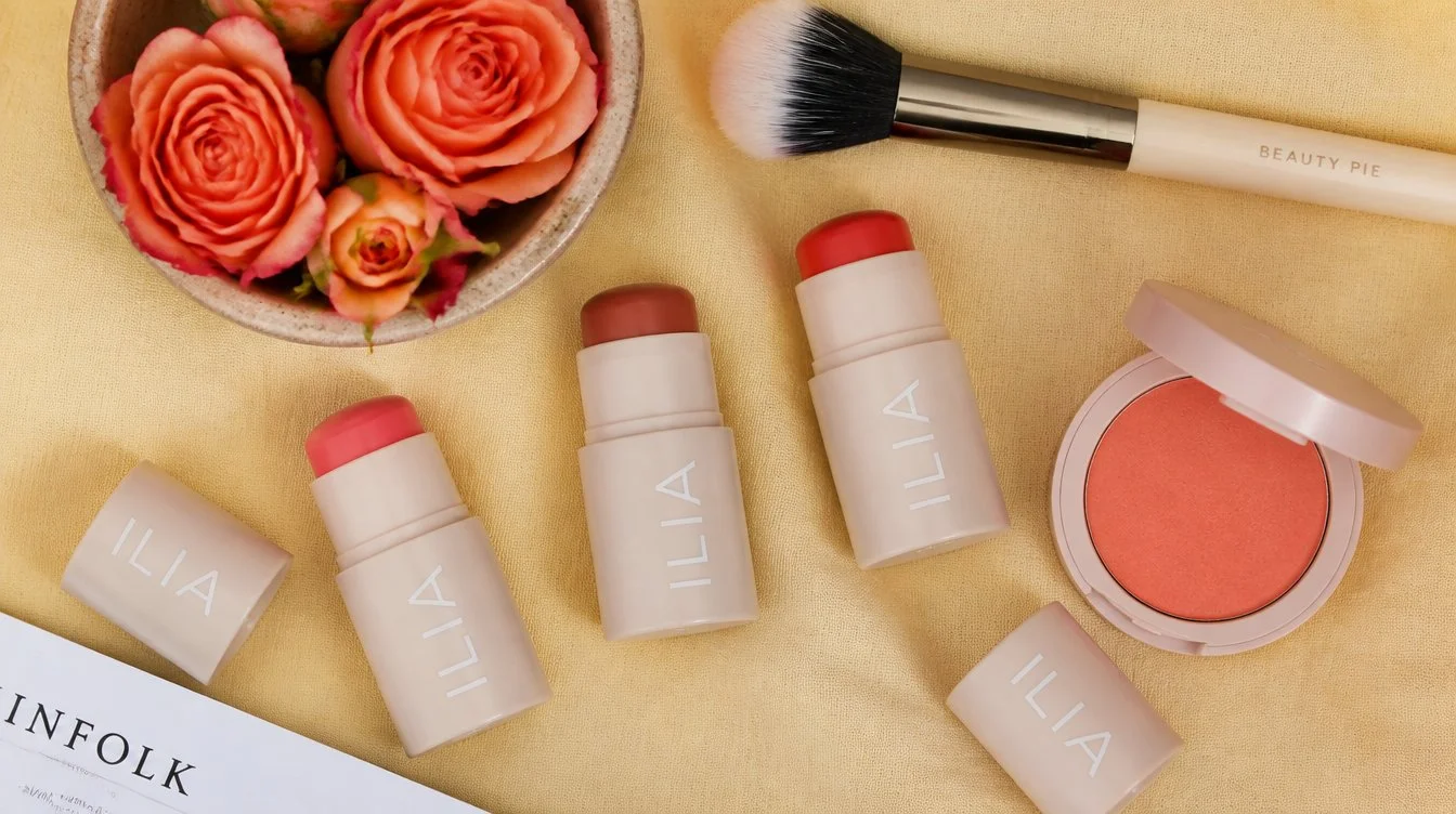 Overhead flat-lay of cream blush sticks in coral terracotta and red-orange with a powder blush compact, duo fibre brush, and fresh coral roses on a butter-yellow linen backdrop