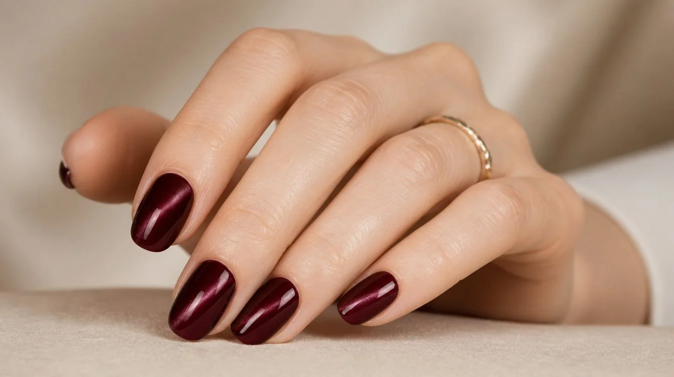 Editorial close-up of a manicured hand showing burgundy velvet nails catching light with a soft cat-eye sheen against a cream backdrop