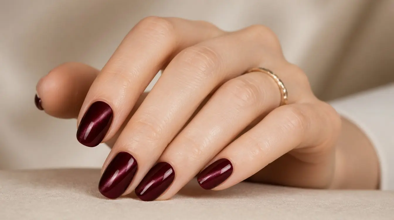 Editorial close-up of a manicured hand showing burgundy velvet nails catching light with a soft cat-eye sheen against a cream backdrop