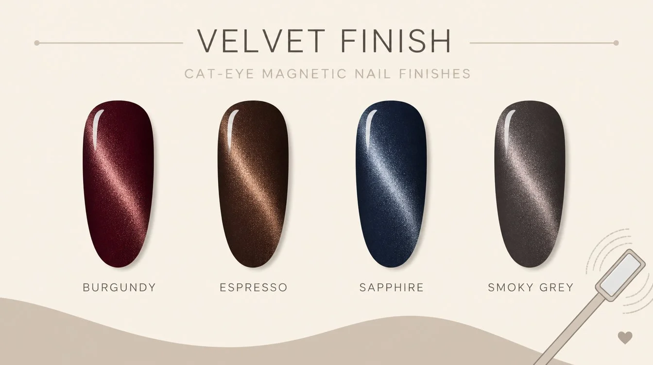 Flat editorial infographic showing four velvet nail finishes side by side in burgundy, espresso, sapphire, and smoky grey with thin labels and a small magnet icon