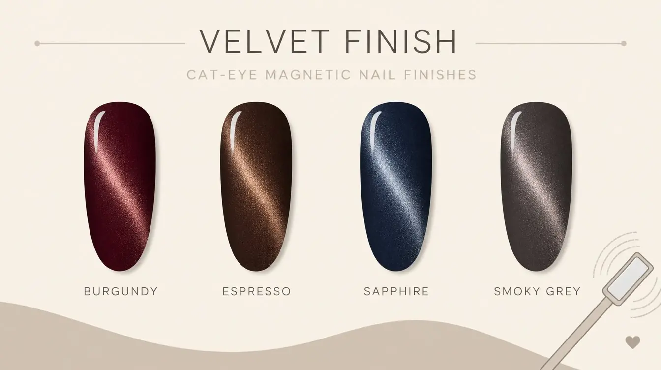 Flat editorial infographic showing four velvet nail finishes side by side in burgundy, espresso, sapphire, and smoky grey with thin labels and a small magnet icon