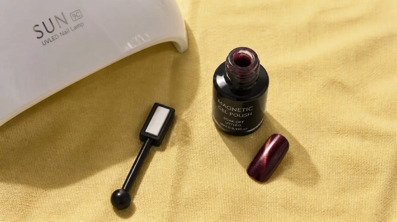 Overhead flat-lay of a nail magnet wand, a gel polish bottle with iron-flake particles, a uv lamp corner, and one painted nail tip swatch on a butter-yellow linen backdrop