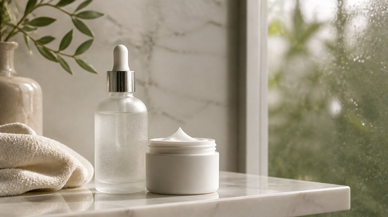 Fermented ceramide serum and cream on a clean bathroom shelf in soft morning light