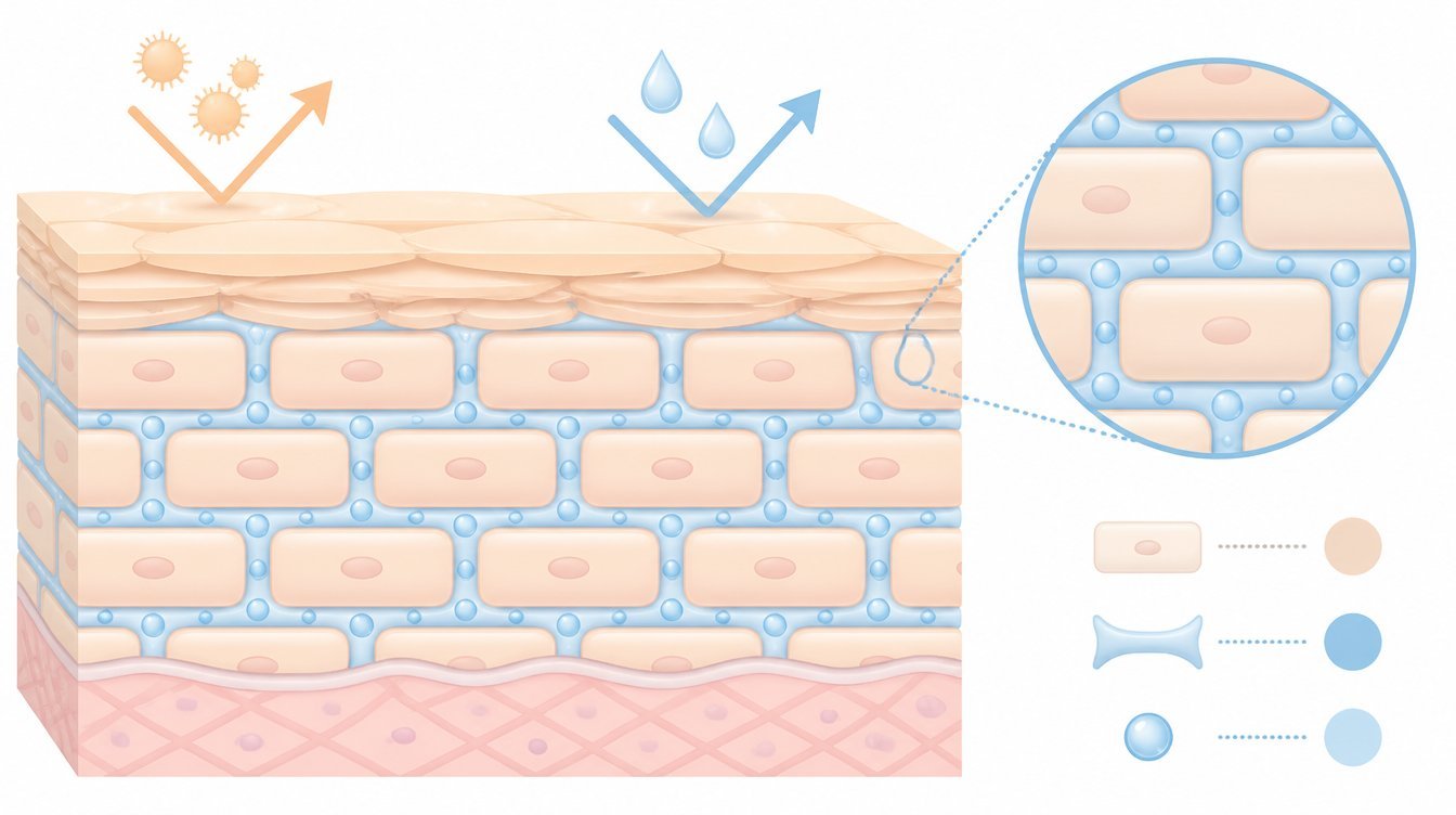 Diagram of the skin barrier showing ceramides holding moisture between skin cells
