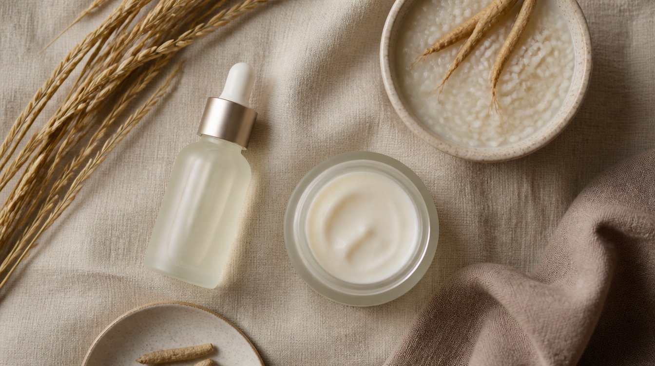 Flat lay of fermented ceramide skincare products beside a small jar of fermented ingredients