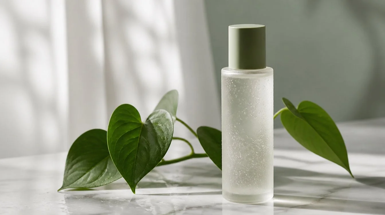Heartleaf toner bottle beside fresh green heartleaf leaves on a clean surface