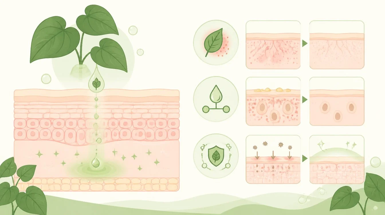 Infographic showing how heartleaf calms redness and balances oil in skin
