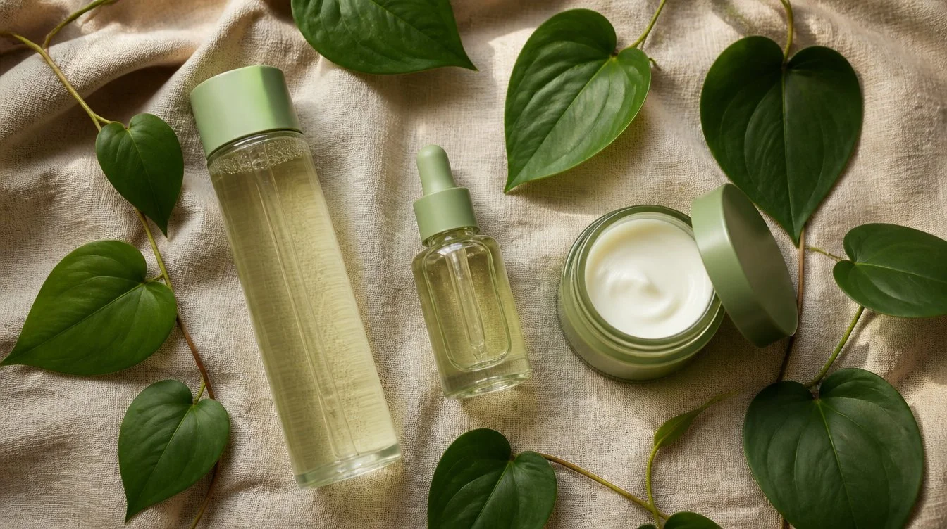 Flat lay of heartleaf skincare products with green leaves on a linen background