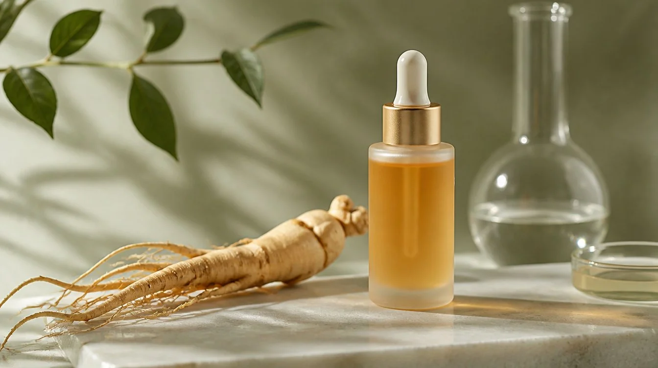 Lab-grown ginseng serum bottle beside a fresh ginseng root in soft science-meets-nature lighting
